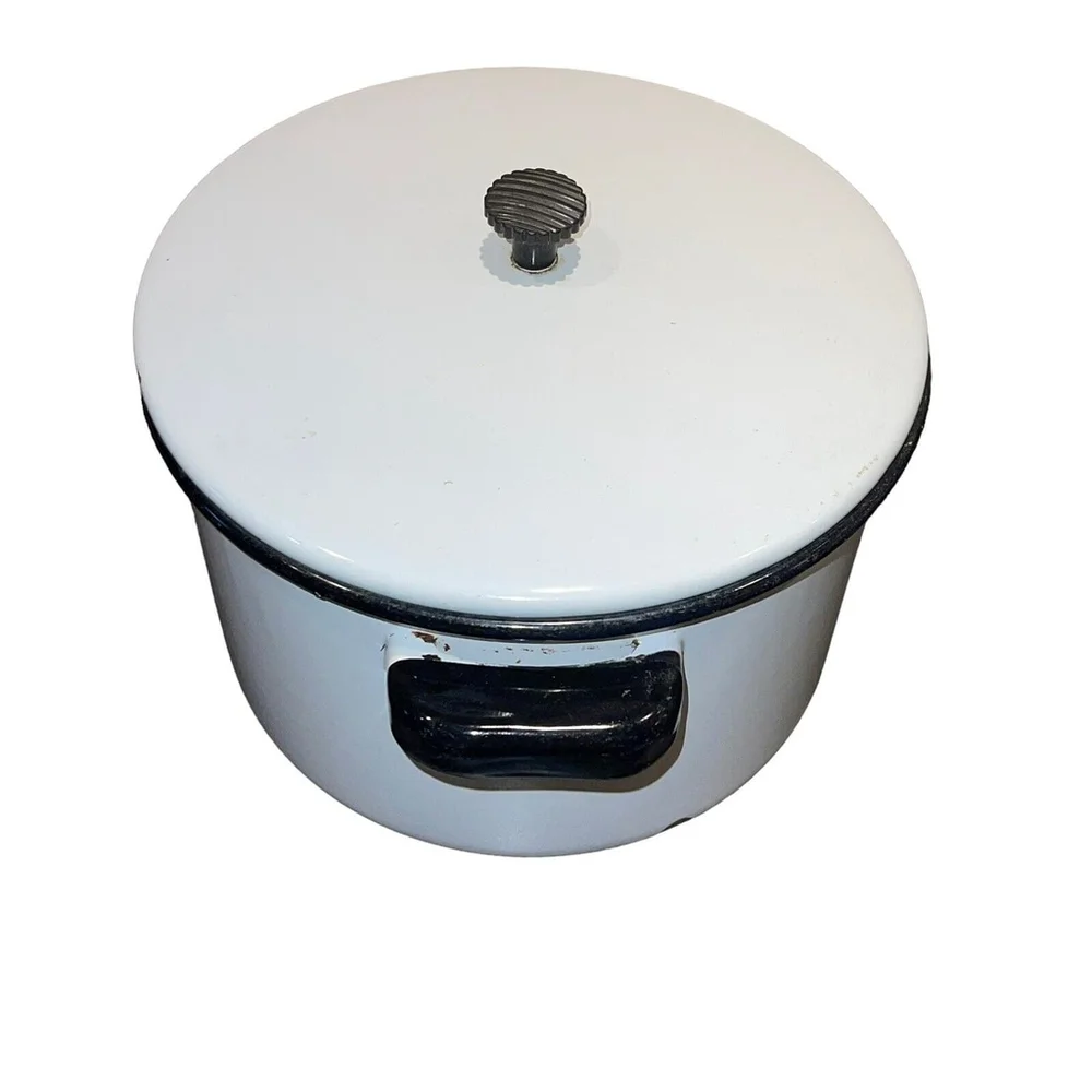 Vintage Rustic Medium Enamelware Black and White Crock Pot w Lid Decoration Only